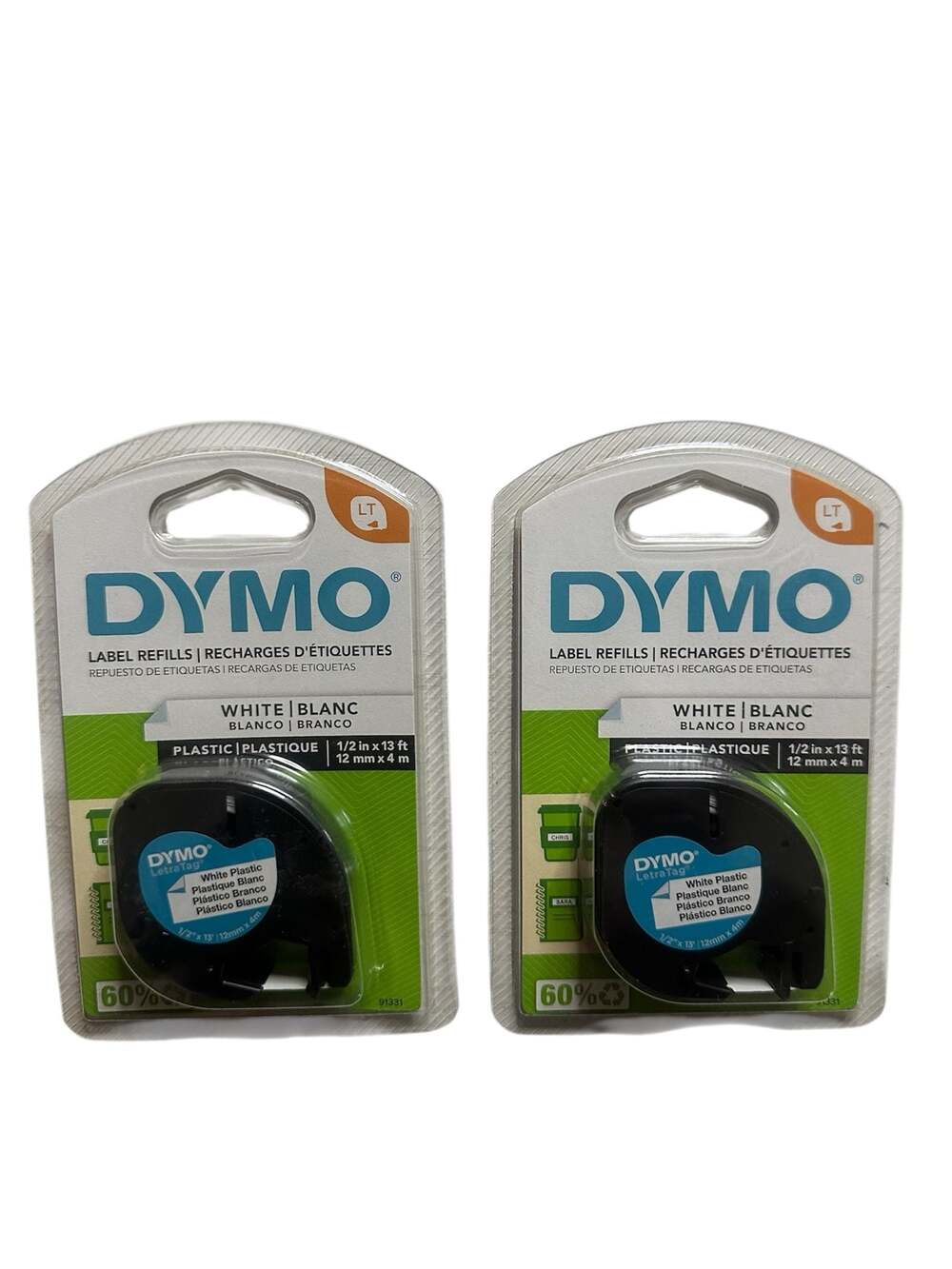 DYMO LetraTag Plastic Label Tape 91331, Black on White, 1/2 in x 13 ft, 2-Pack